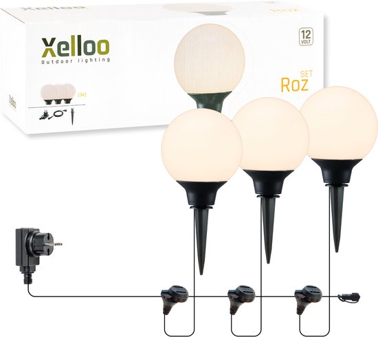 Set van 3 Xelloo Roz tuinlampen met stekker, transformator en kabel.