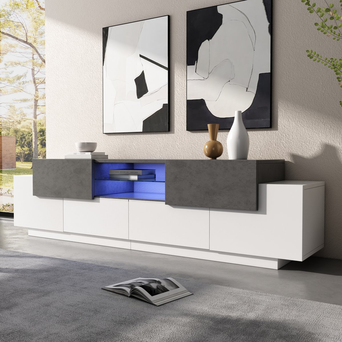 LED Tv-meubel - TV Dressoir - Lage Kast - Modern TV Entertainment Center met Glazen Plank 