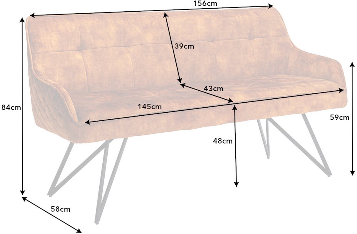 Design bank EUPHORIA 160cm mosterdgeel fluweel retrostijl decoratief quilten haarspeldpoten metalen poten armleuningen - 43128