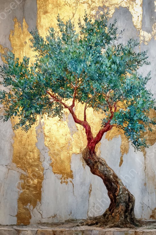 Schilderij van een olijfboom met groene bladeren, rode stam en gedetailleerde wortels op een achtergrond met gouden en grijze patronen.