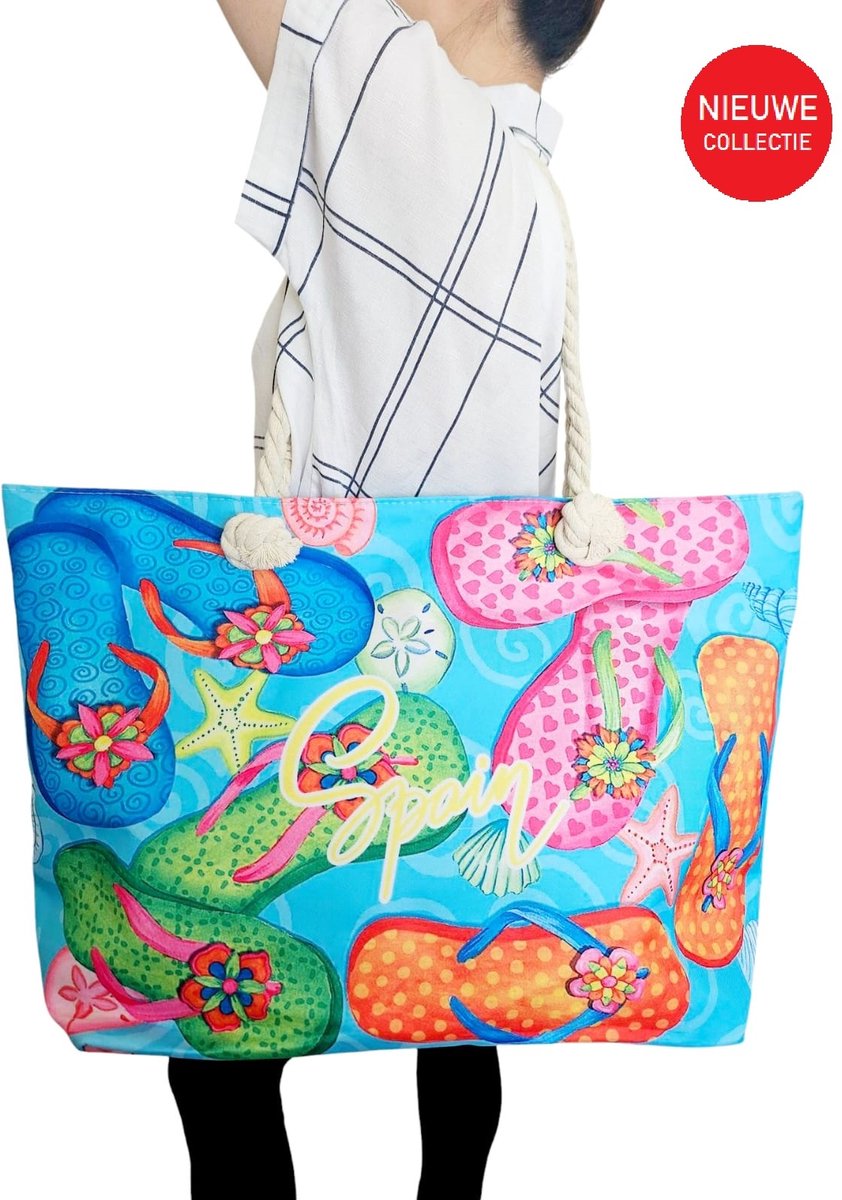 Summer Dames Strandtas met opbergportefeuille| Beach bag vakantietas – Afmeting XXL 58X38 CM- Strandtas met ritssluiting- Extra Binnen tasje /portefeuille - Weekendtas - Zomer| Strand| Vakantie| Winkelen| Kamperen