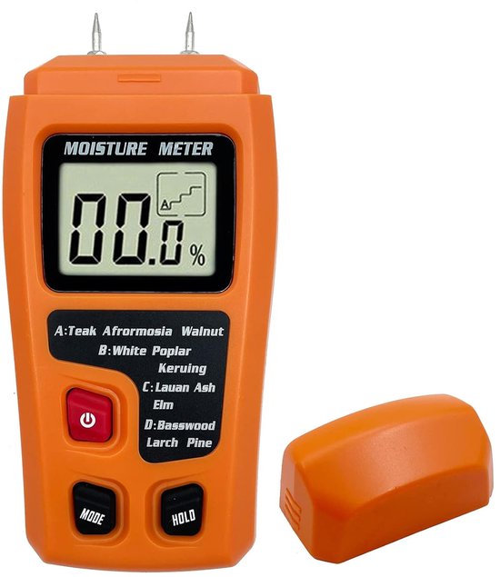 Oranje digitale vochtmeter met display, pinnen en beschermkap.
