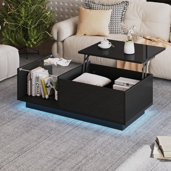 Moderne salontafel met dubbel hefmechanisme, verborgen opbergruimte, belastbaar tot 50 kg (wit