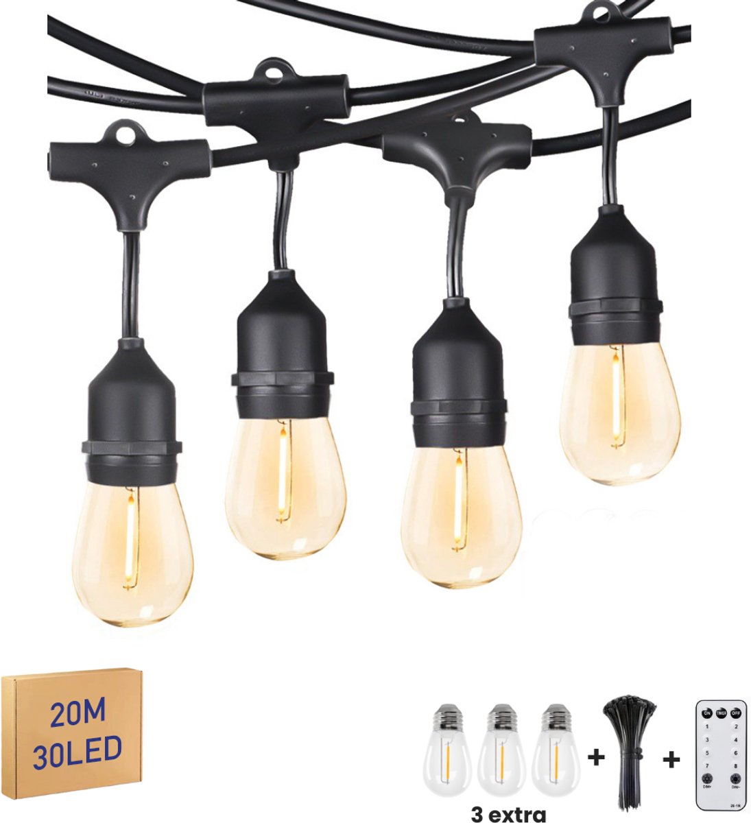 Kaëru® Buiten lichtsnoer – Sfeerverlichting – LED Waterdicht String Light – 20 Meter – 30 Warm Witte Lampen + 3 Reserve – IP65 Waterdicht – Met Afstandsbediening – Tuinverlichting buiten lichtsnoeren – Feestverlichting