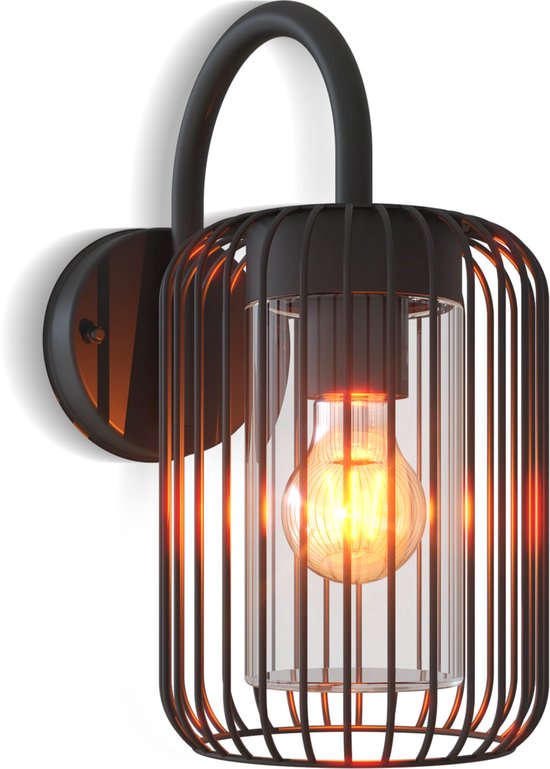Zwarte Calex Rome wandlamp met kooi-armatuur en gloeilamp.