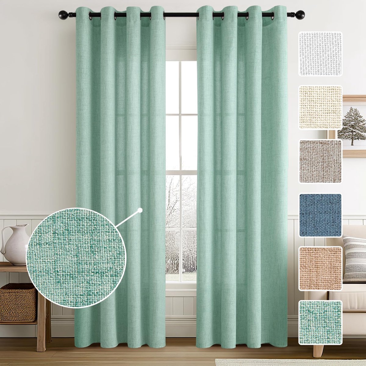 Ibenzoa Mintgroene Linnenlook Woonkamergordijnen met Oogjes, Set van 2, H 245 x B 140 cm