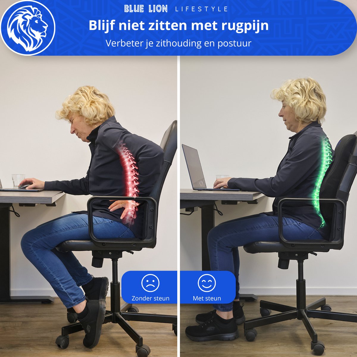Blue Lion Ergonomisch Rugkussen L - Rugsteun voor Onderrug en Middenrug - Stoelkussen voor Bureaustoel, Auto & Thuiswerken – Zwart – foto 6