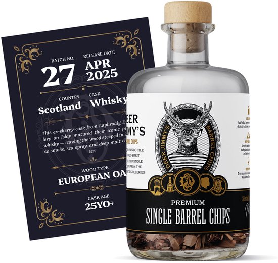 Deer Jimmy’s® Make Your Own Whisky / Legendary Drink – Batch 27: Whisky Islay Barrel Chips – Maak je eigen drank met eiken houtsnippers van een premium whisky vat