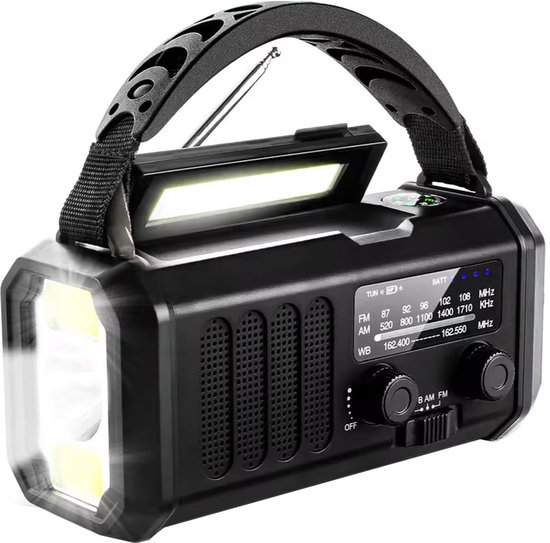 Noodradio - Solar Opwindbaar - 10.000mAh - Solar powerbank - Zonneenergie - Survival Noodpakket - Zaklamp Oplaadbaar - Noodpakket - Noodrantsoen - Zwart