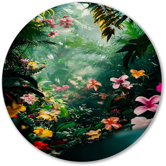 Kleurrijke tropische bloemen in jungle - Jungle muurcirkels - Rond kunstwerk bloemen - Surrealistisch - Forex - Slaapkamer wandkunst - Muurcirkel forex 90x90 cm
