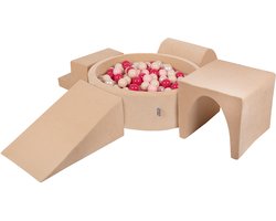 KiddyMoon Foam speeltuin VELVET PPZP-OK30V-125 met zandbeige ballen: pastelbeige-powderroze-parelmoer-donkerroze zwembad 300/club L/groef/tunnel/trap