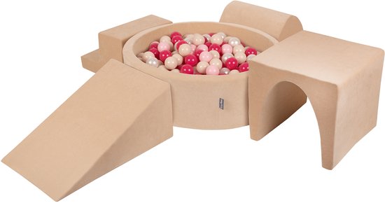 KiddyMoon Foam speeltuin VELVET PPZP-OK30V-125 met zandbeige ballen: pastelbeige-powderroze-parelmoer-donkerroze zwembad 300/club L/groef/tunnel/trap