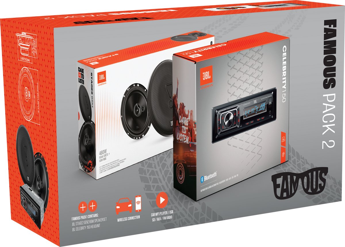 JBL Famous Pack 2 - Autoradio Celebrity150 + Stage2 65M Autospeakers – USB/SD/FM – 480 W – Complete Car Audio Upgrade