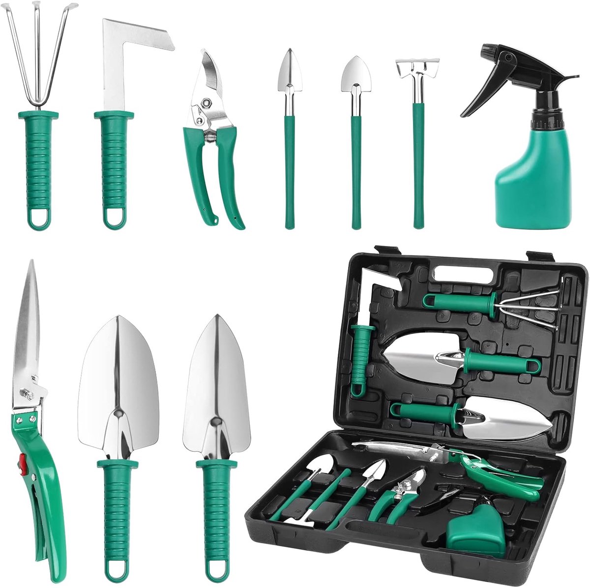 Famanu - 10-delige tuingereedschapset met draagtas, inclusief transplanter, hark, snoeischaar, grasschaar, schop en watersproeifles, tuingeschenkset
