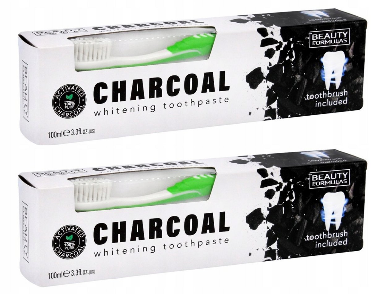 Beauty Formulas Activated Charcoal Whitening Tandpasta met Tandenborstel - 2 x 100 ml