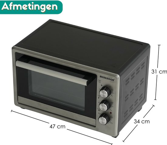 Merkador Vrijstaande Oven - 40 Liter - 1300 Watt - Hetelucht - Eenvoudig Te Reinigen Geëmailleerde Binnenruimte - Zwarte Mini Oven
