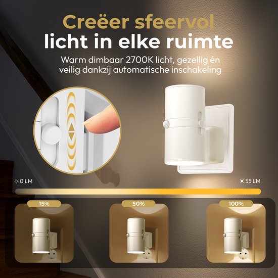 Wit nachtlampje met warme 2700K dimbare verlichting van 0-55 lumen.