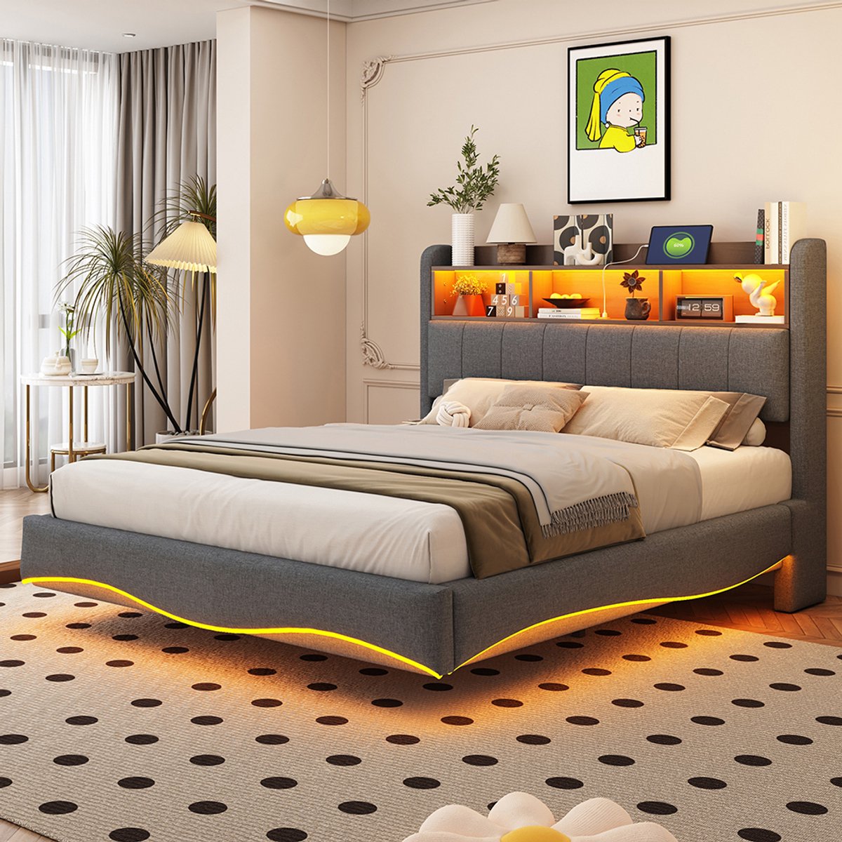 KOMHTOM Volwassen bed Dubbel bed LED bed 140x200 cm multifunctioneel opbergbed met USB en TYPE-C interface Grijs