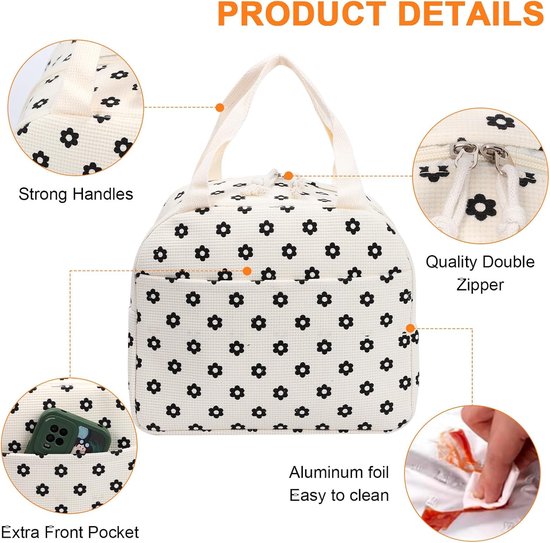 Lunchtas - Geïsoleerde tas - Herbruikbaar - Lekvrije koeltas - Geschikt voor volwassenen en kinderen - Lunchboxtas voor werk - school - BBQ en picknick - Beige met bloemen van Merkloos — afbeelding 5