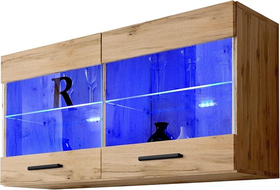 Coopi - Vitrine Savona - LED RGB - 2 Planches en Verres - 2 Portes- Pour salon/ Cuisine - Wotan/Wotan (100 x 50 x 30 cm)