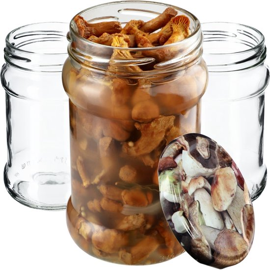KADAX Kleine inmaakpotten, 315 ml, diameter 66 mm, potten voor honing, jampotten met deksel, luchtdichte, ronde potten (10 stuks, champignons)