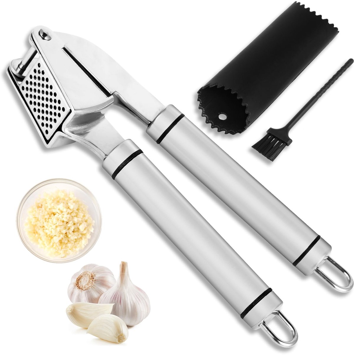 Ibenzoa® Knoflookpers Set van Roestvrij Staal met Siliconen Schiller en Reinigingsborstel voor Efficiënt Koken