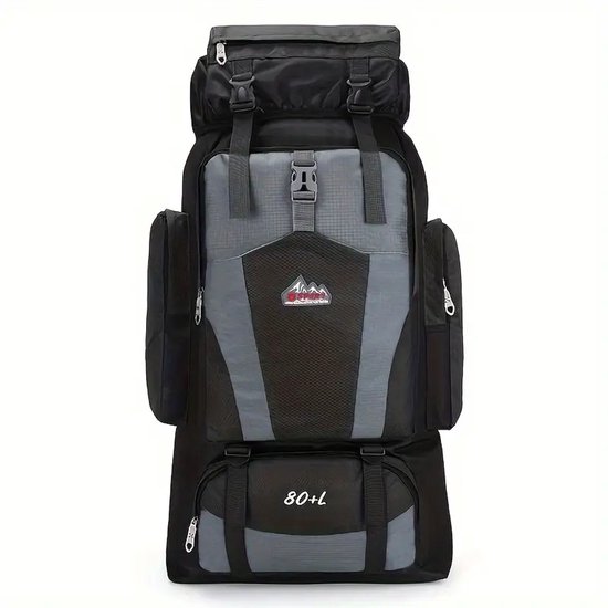 Zwarte en grijze outdoor rugzak van 80L met mesh-paneel op de voorkant.