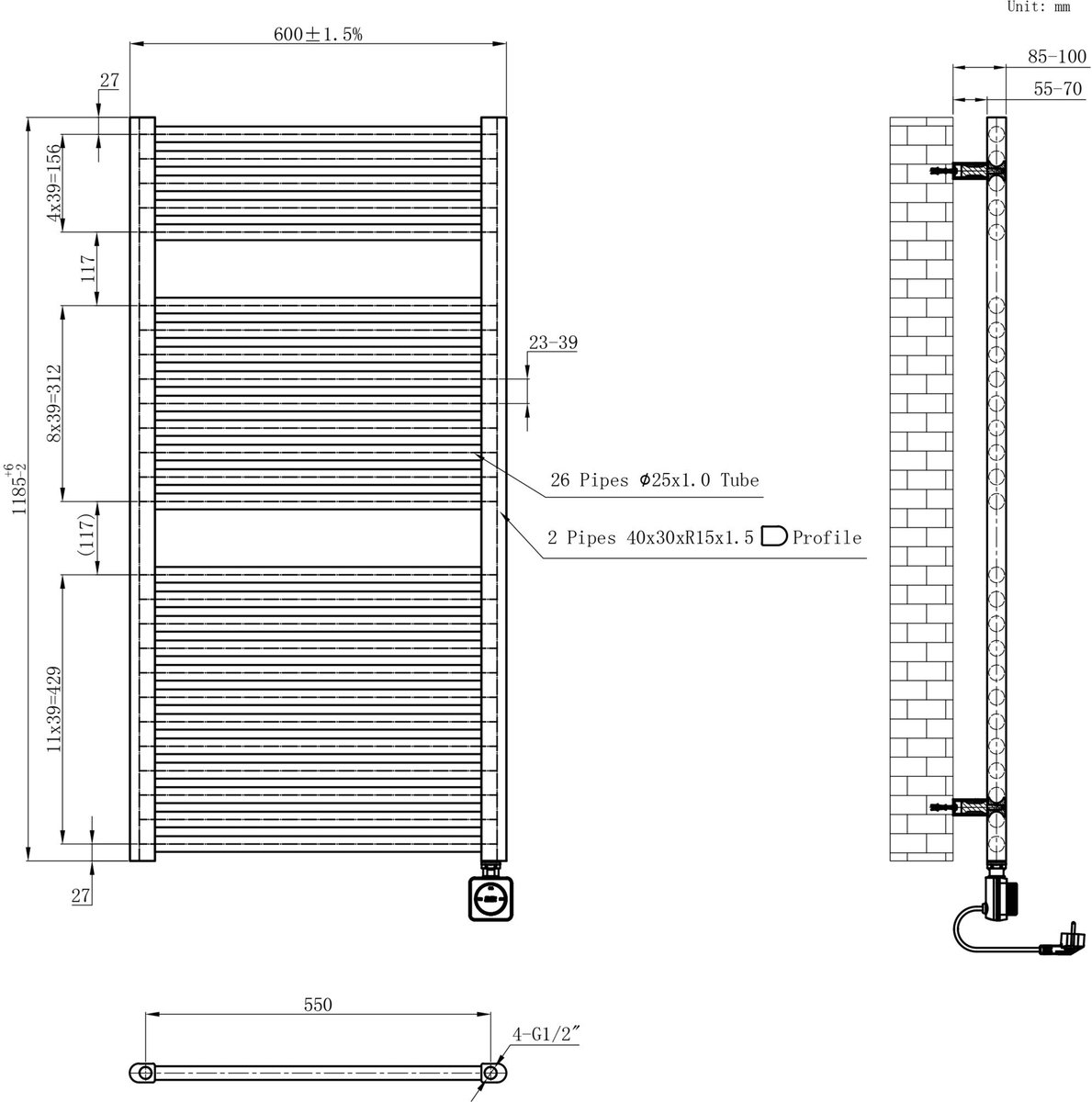 AquaVik Elektrische Radiator Värme Smart WiFi 118,5x60cm Snö Wit