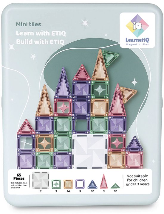 LearnetiQ - Mini Tiles 65 stuks - Extra Groot Travel Set- Magnetische Tegel Bouwset - Compatibel met MagnaTiles® - Bouwblokken - Speelgoed voor in de Auto – Magnetic tiles - STEM Speelgoed voor 3 t/m 12 Jaar - Speelgoed Cadeau - Montessori Speelgoed
