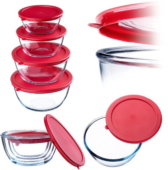 Collage de bols en verre avec des couvercles rouges, y compris une pile.
