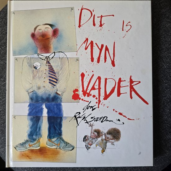 Livre 'C'est mon père' avec illustration d'un homme en morceaux, cravate rayée, jean et baskets. Texte rouge et gribouillis.