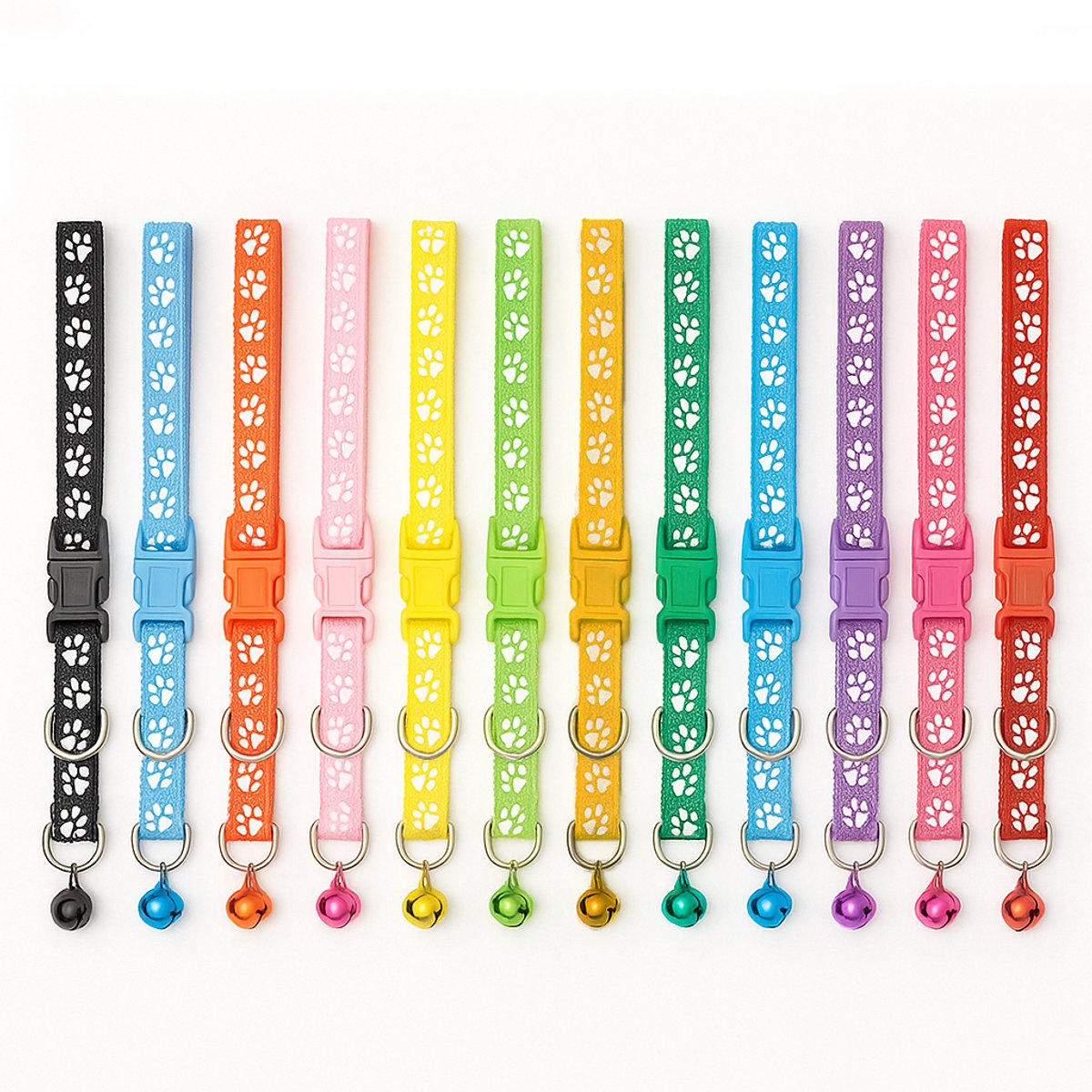 Adore Maison Set van 12 Halsbanden – Voor katten en puppies - Verstelbaar van 15 tot 35 cm – Met Belletje – Reflecterend & Pootjesprint – Voor Kat en Puppy – Mix van Kleuren - Schattige halsband - Kitten
