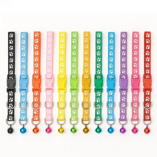 Set de 12 colliers - Pour chats et chiots - Réglable de 15 à 35 cm - Avec clochette - Réfléchissant et empreinte de patte - Pour Chats et petits Chiens - Mix de couleurs - Collier mignon - Chaton