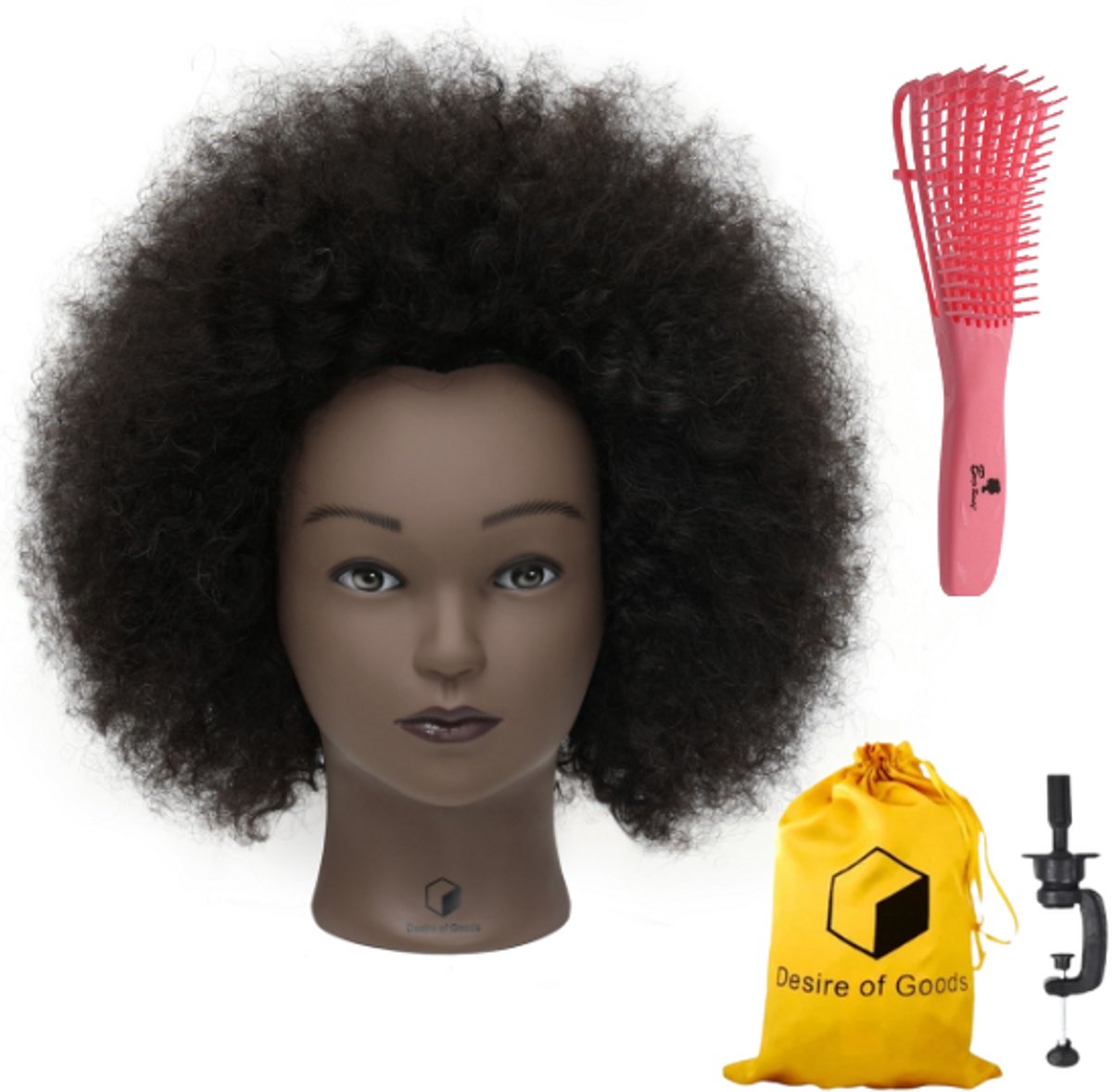 Desire of Goods Afro oefenhoofd kappershoofd - Donkerbruin haar - met anti klit haarborstel - Echt haar - tafelklem - 30 cm