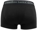 Zwarte boxershort van de achterkant, elastische band met 'Bamboo basics' erop.