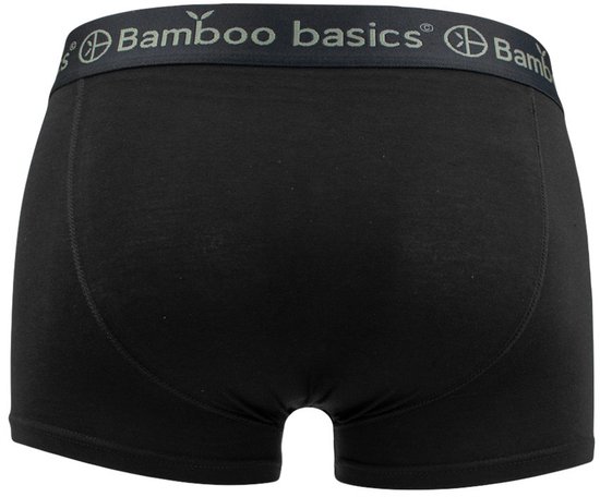 Zwarte boxershort van de achterkant, elastische band met 'Bamboo basics' erop.