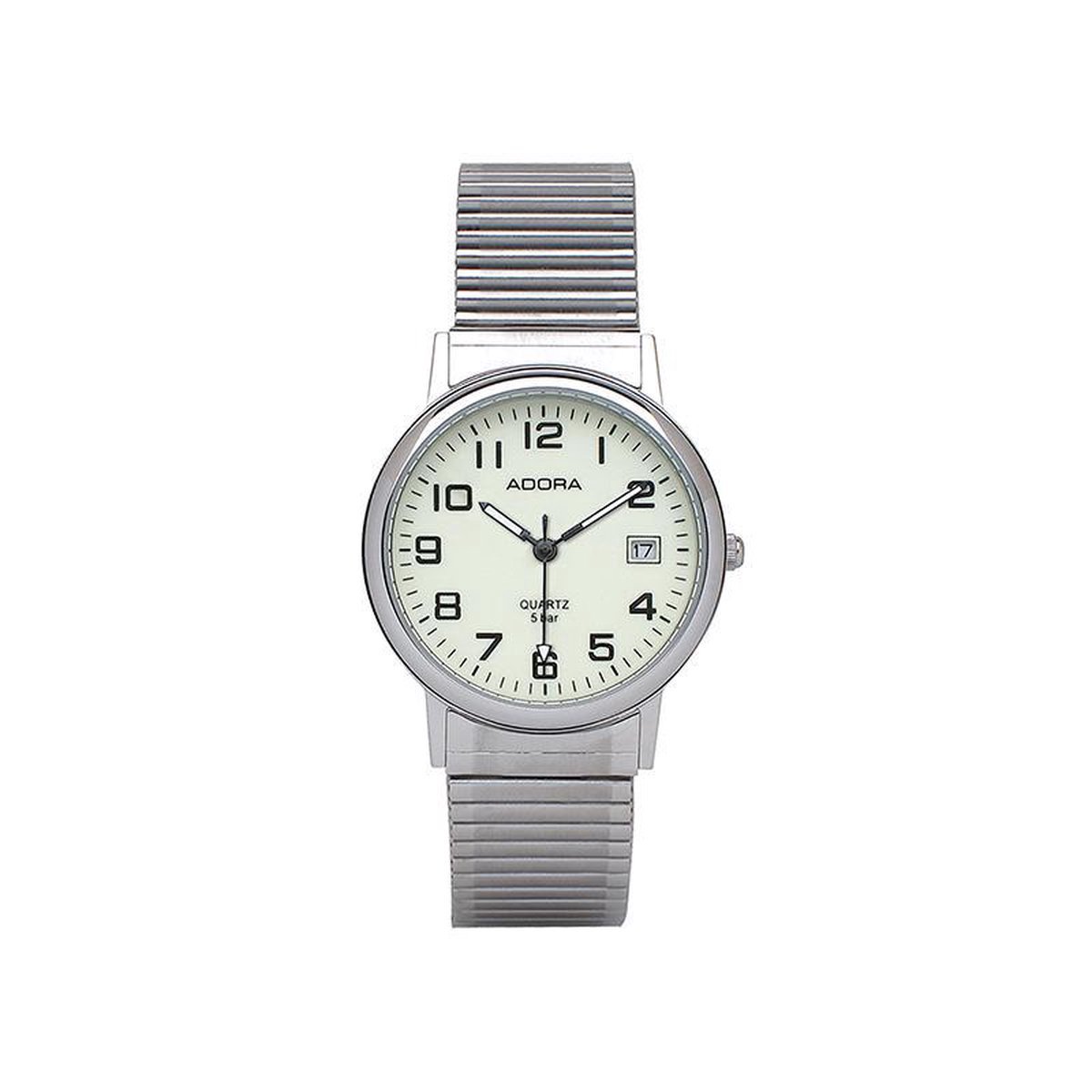 Adora Unisex Horloge - 34mm - Volledig Lichtgevende Wijzerplaat - Datumvenster - 5 ATM Waterdicht - Grote Duidelijke Cijfers - Elastische Edelstalen Rekband