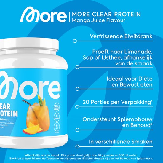 MORE NUTRITION Clear Whey Isolate Proteine Poeder, Mango Juice, 600 g, 20 Porties Heldere Wei Poeder - Lactosevrij Eiwitshake — afbeelding 2