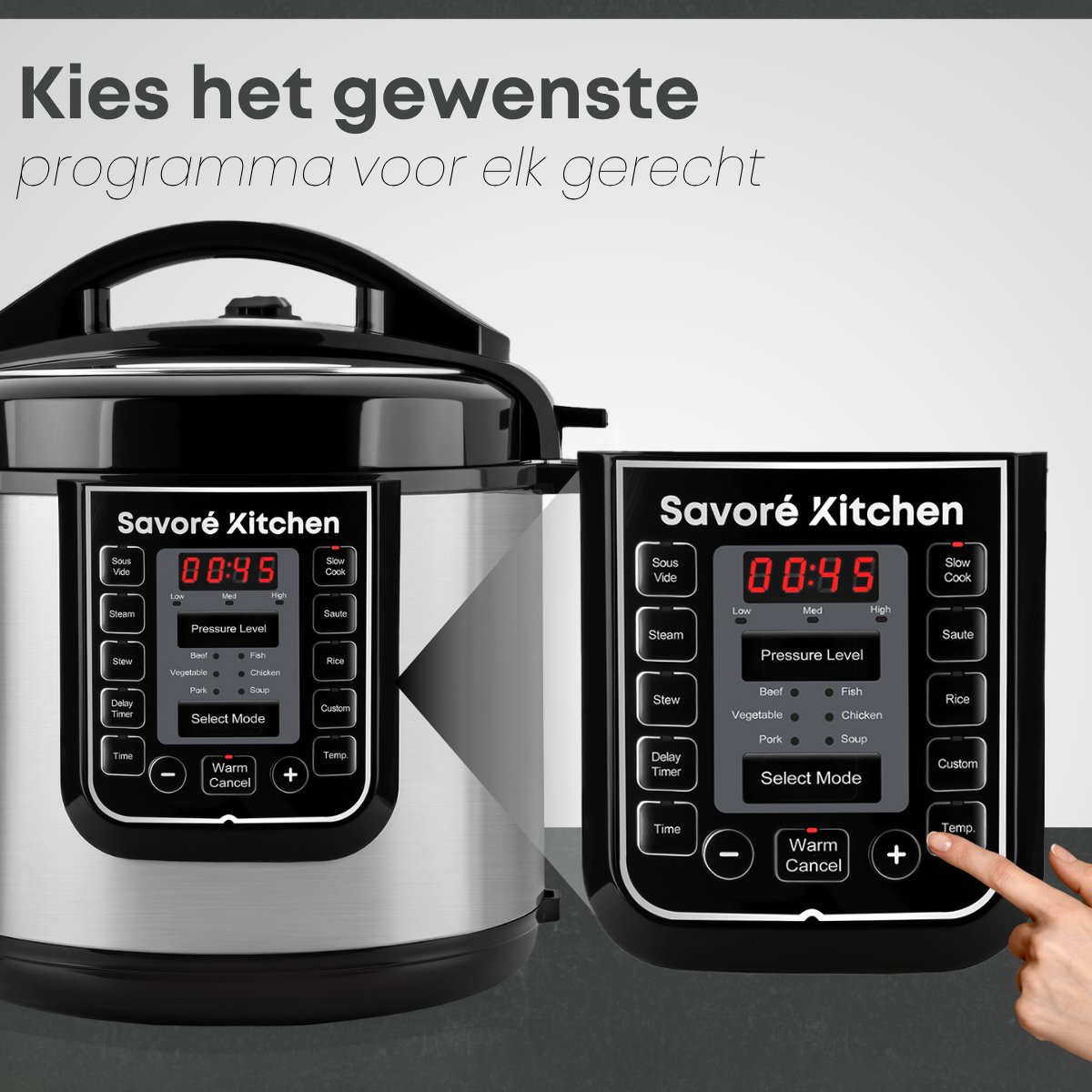 Afbeelding 2 van Savoré Kitchen Pressure Cooker – 6L – PFAS Vrij – Snelkookpan, Rijstkoker, Slowcooker, Stomer & Sous-vide in één – Multicooker