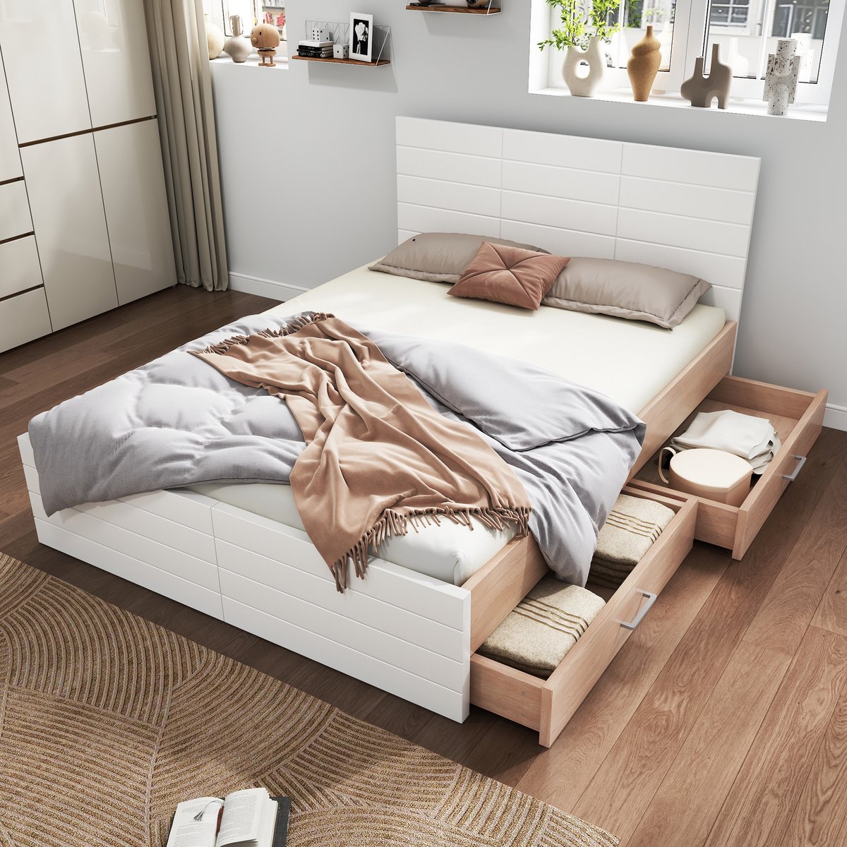 Pugsdrly Tweepersoonsbed Houten bed 160×200 cm met 2 lades, modern bed incl. bedframe en lattenbodem - 207×80×165 cm (L×H×B) set in eiken/wit (zonder matras)