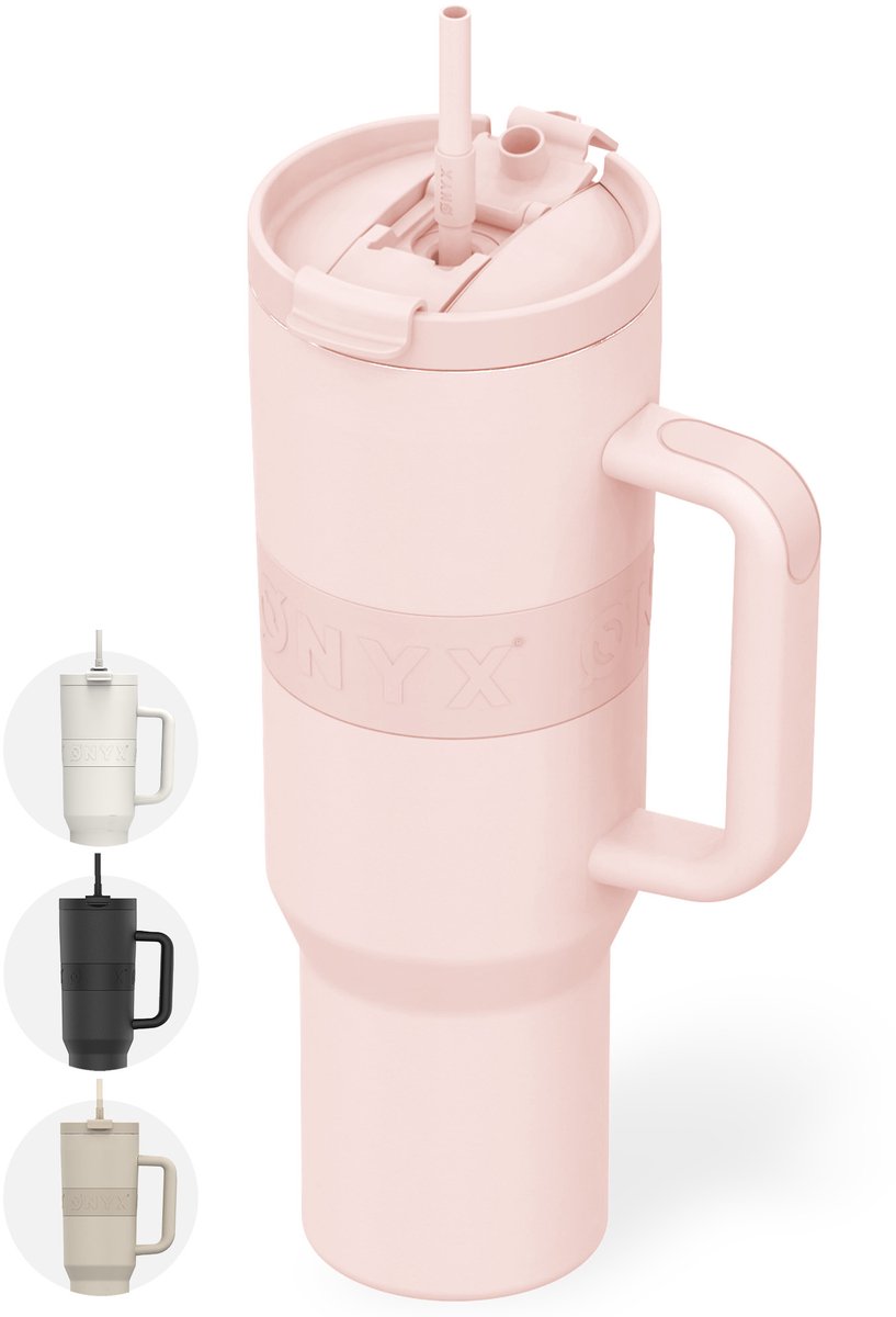 ONYX Drinkfles met Rietje 1 Liter - Waterfles voor Kinderen & Volwassenen - Thermosbeker RVS Travel Mug - Motiverende Drinkbus - Drinkbeker voor School - Candy Pink