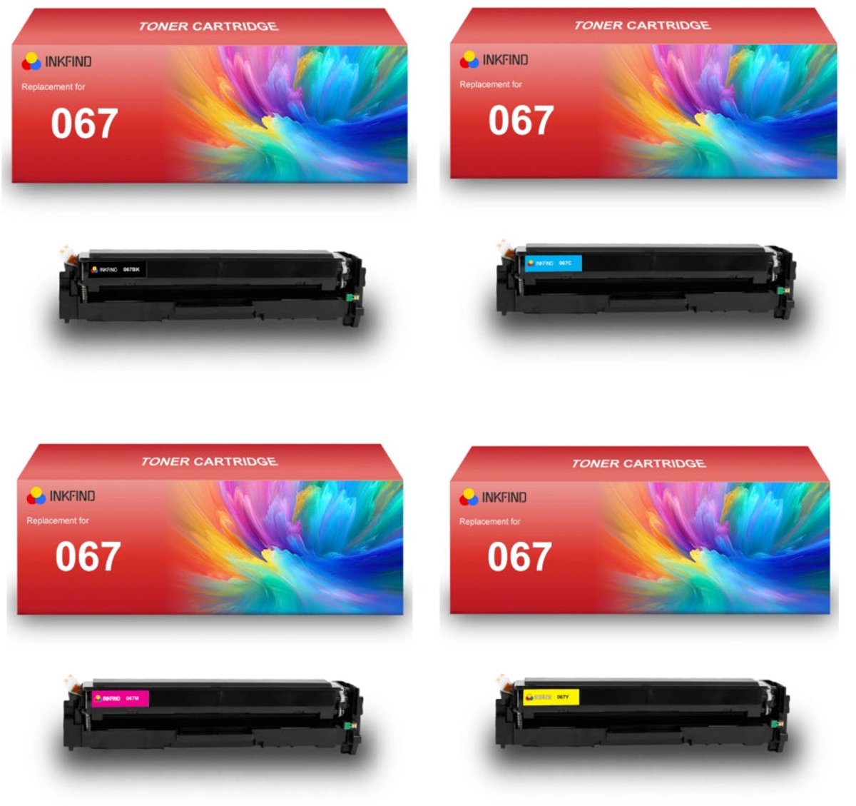INKFIND 067 tonercartridge multipack van 4 stuks (Zwart+Cyaan+Magenta+Geel) compatibel met Canon 067 toner (Zwart+Cyaan+Magenta+Geel) geschikt voor Canon i-SENSYS LBP631Cw/633Cdw/632Cdw MF651/655/657/655Cw/657Cw/653Cdw/654Cdw/656Cdw- 4-pack BK/C/M/Y