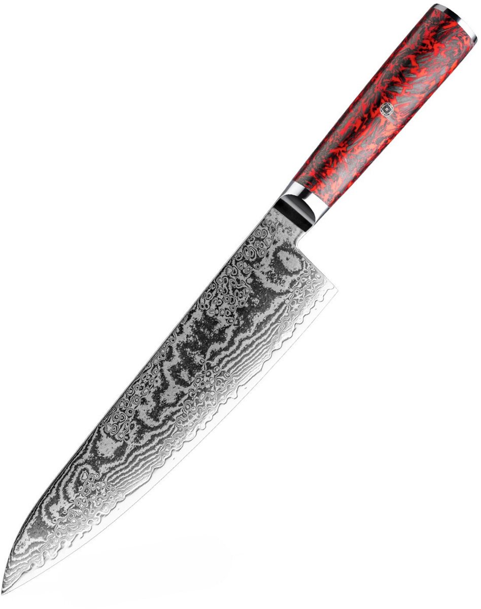 Dastium Home - 67-Laags Damascus Staal Koksmes 21CM - Damaststaal Keukenmes - Japans Mes van Echt Damascus Staal - Met Ergonomisch Rood Forged Carbon Handvat
