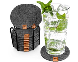 Miqio® Design Vilt Glazen Onderzetters Rond | Set van 12 + Houder | Duurzame Oekotex Onderzetters voor Dranken, Kaarsen, Kopjes, Bar, Glazen | Tafeldecoratie | Donkergrijs