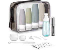 Boxed Reisflesjes met Etui - 12 Delig - Reisset - Reisflesjes Handbagage 100ML - Siliconen Reisflacons - Reis Flesjes Navulbaar - Reisaccessoires - Cosmetica Potjes - Incl. Parfumverstuiver