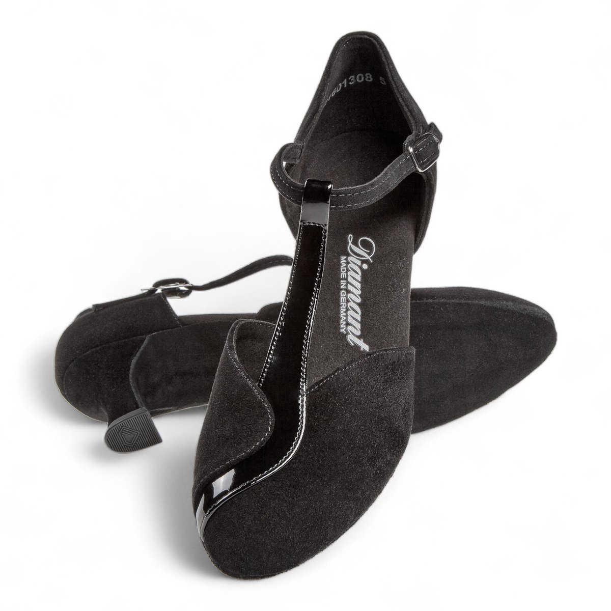 Diamant 068 - 069 - 008 - Dames dansschoenen - Brede Pasvorm - Gesloten voorkant - Zwart Suède/Lakleer - 5cm Hak - Tstrap - Flexibele suede zool - Voor bredere voeten - Gesp met druksluiting - Ballroom, Tango, Social - Diamant - Zwart - 36