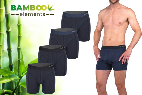 Man met donkerblauwe bamboe boxershort, naast een stapel van drie identieke boxershorts. Achtergrond met bamboe en tekst 'BAMBOO elements'.