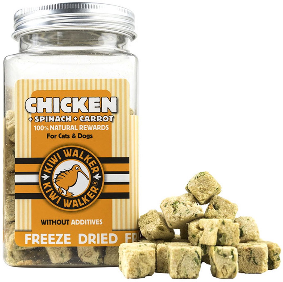 kiwi walker kat en hondensnack - 65 gr - gevriesdroogde kippenblokjes met spinazie en wortel - 100% natuurlijk - geen additieven