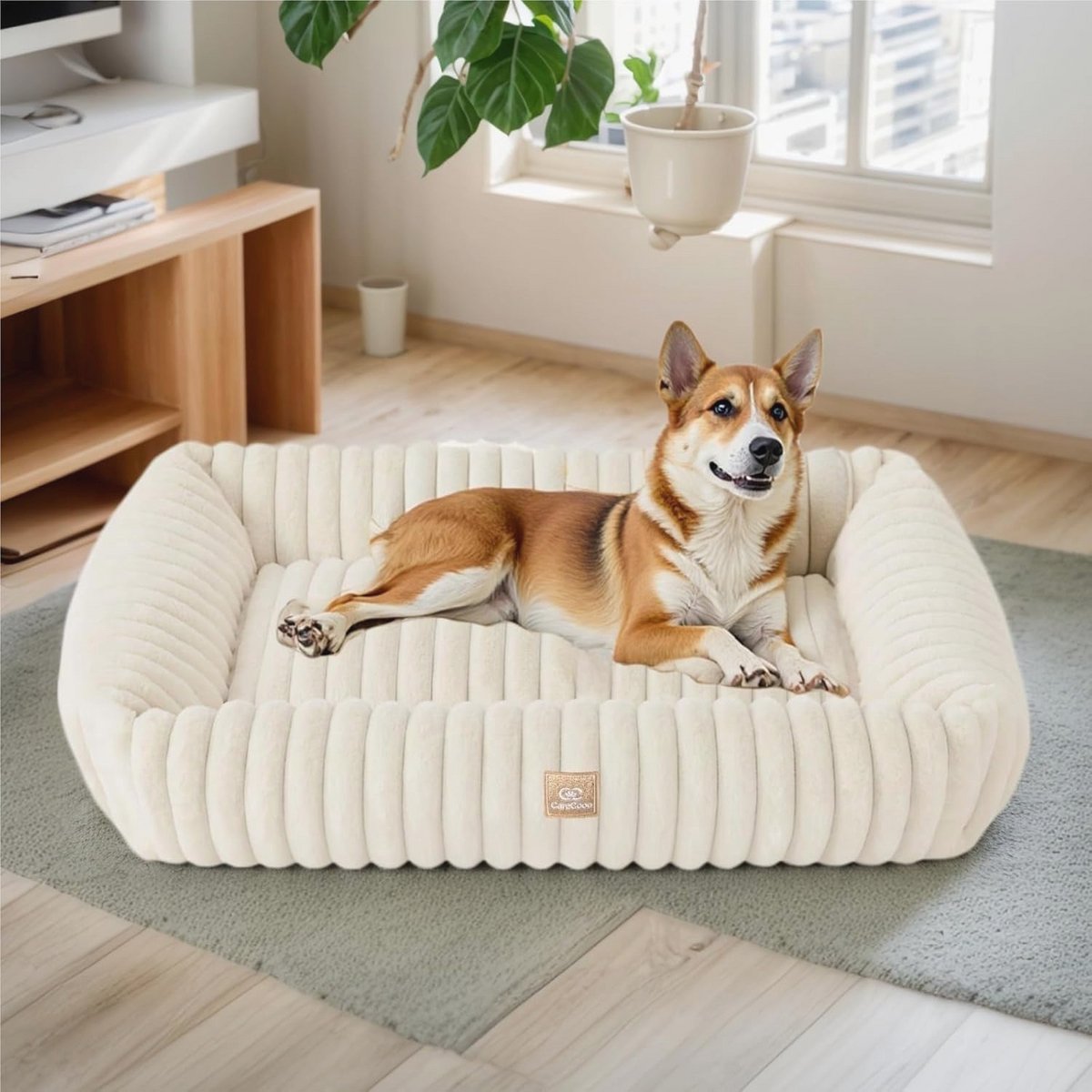 Groot Wasbaar Hondenbed - Kalmerend en Pluizig Huisdierbed voor Grote Honden - Waterdicht en Antislip - Ideaal voor Auto en Krat (L: 92 x 69 x 20 cm)