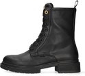 Zwarte leren veterlaars met grove zool, gouden accenten en Mexx logo.